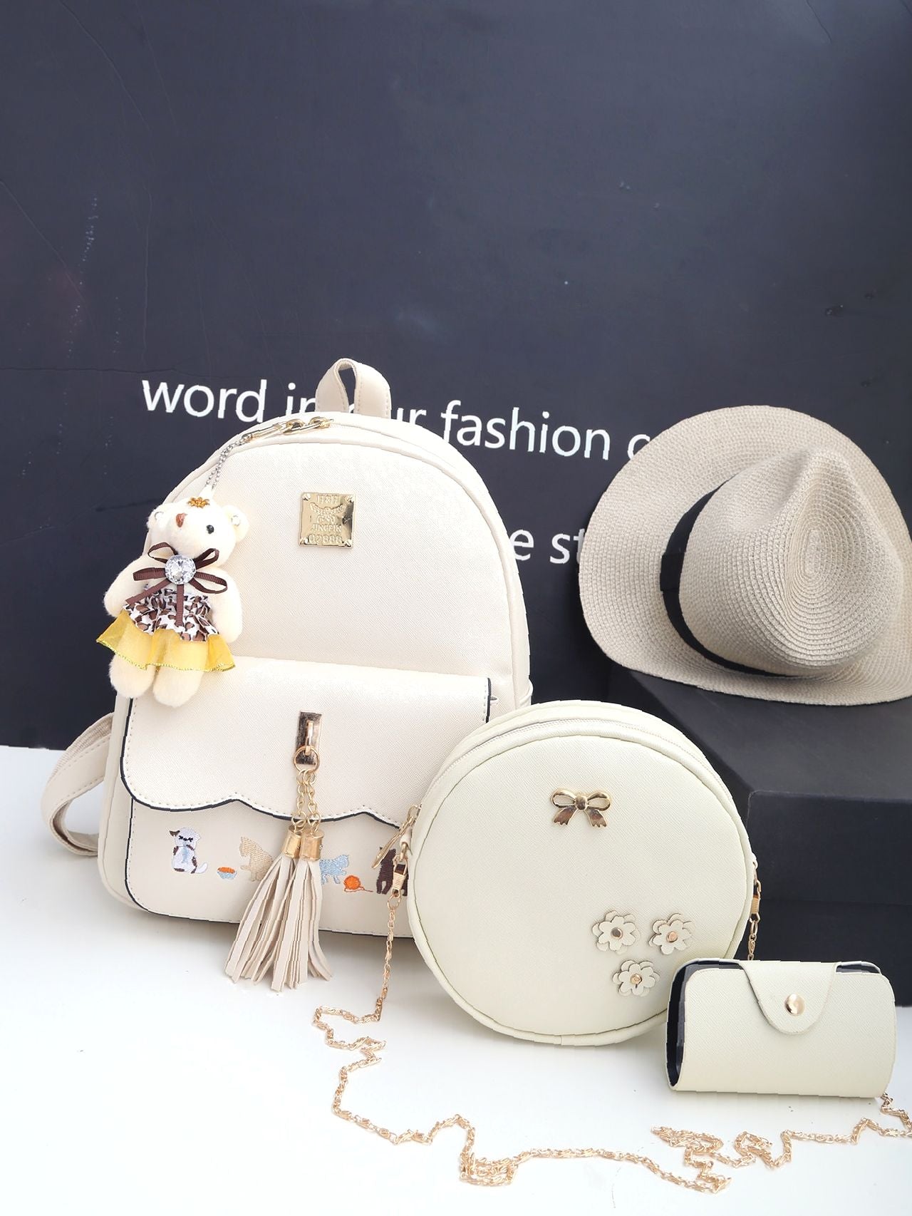 Beige Animal Embroidery 3Pcs Set Backpack