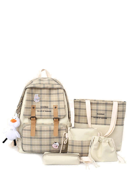 Playful Checkered Cartoon 5Pcs Set Backpack