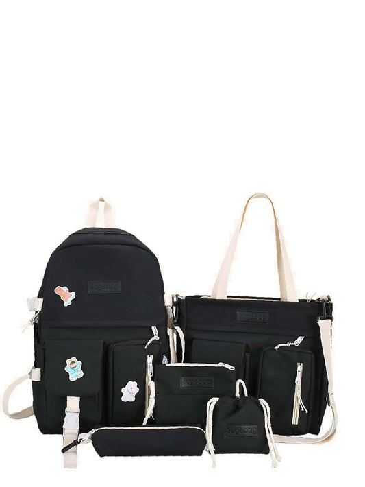 Black Playful Decor 5Pcs Set Backpack