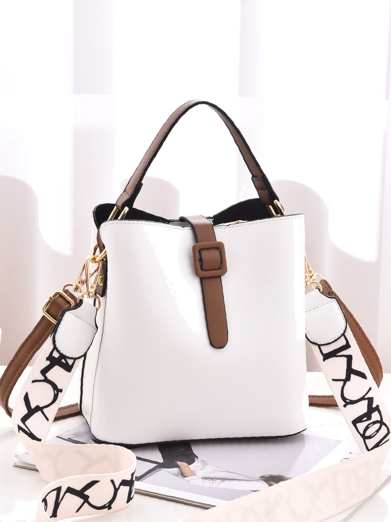 Elegant Letter Embellished Ladies Bucket Bag