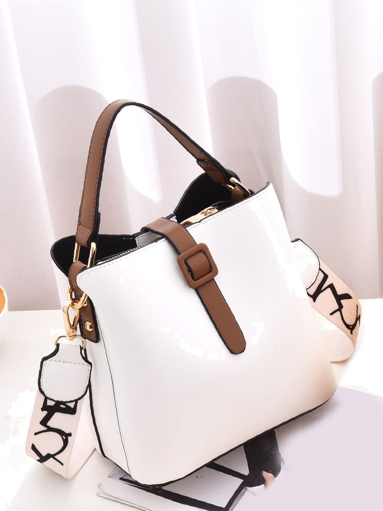 Elegant Letter Embellished Ladies Bucket Bag