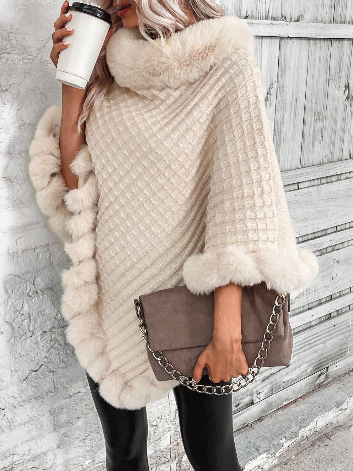 Women’s Cozy Winter Poncho with Faux Fur Trim