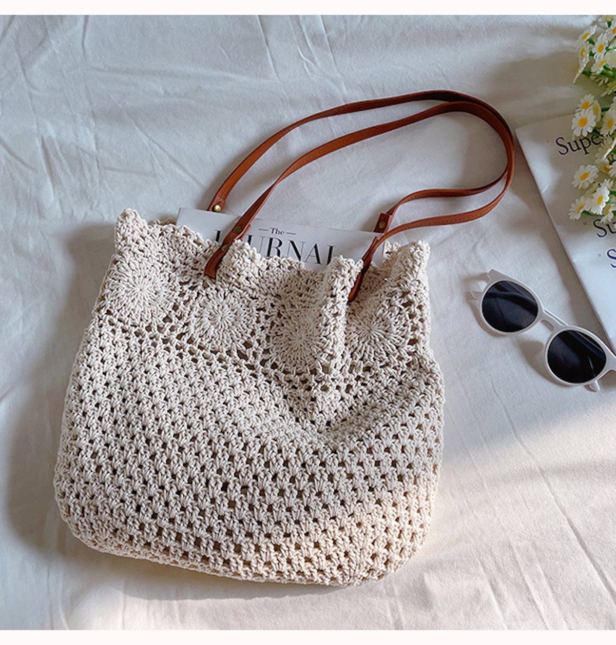 Flower Design Knitted Spacious Shoulder Bag