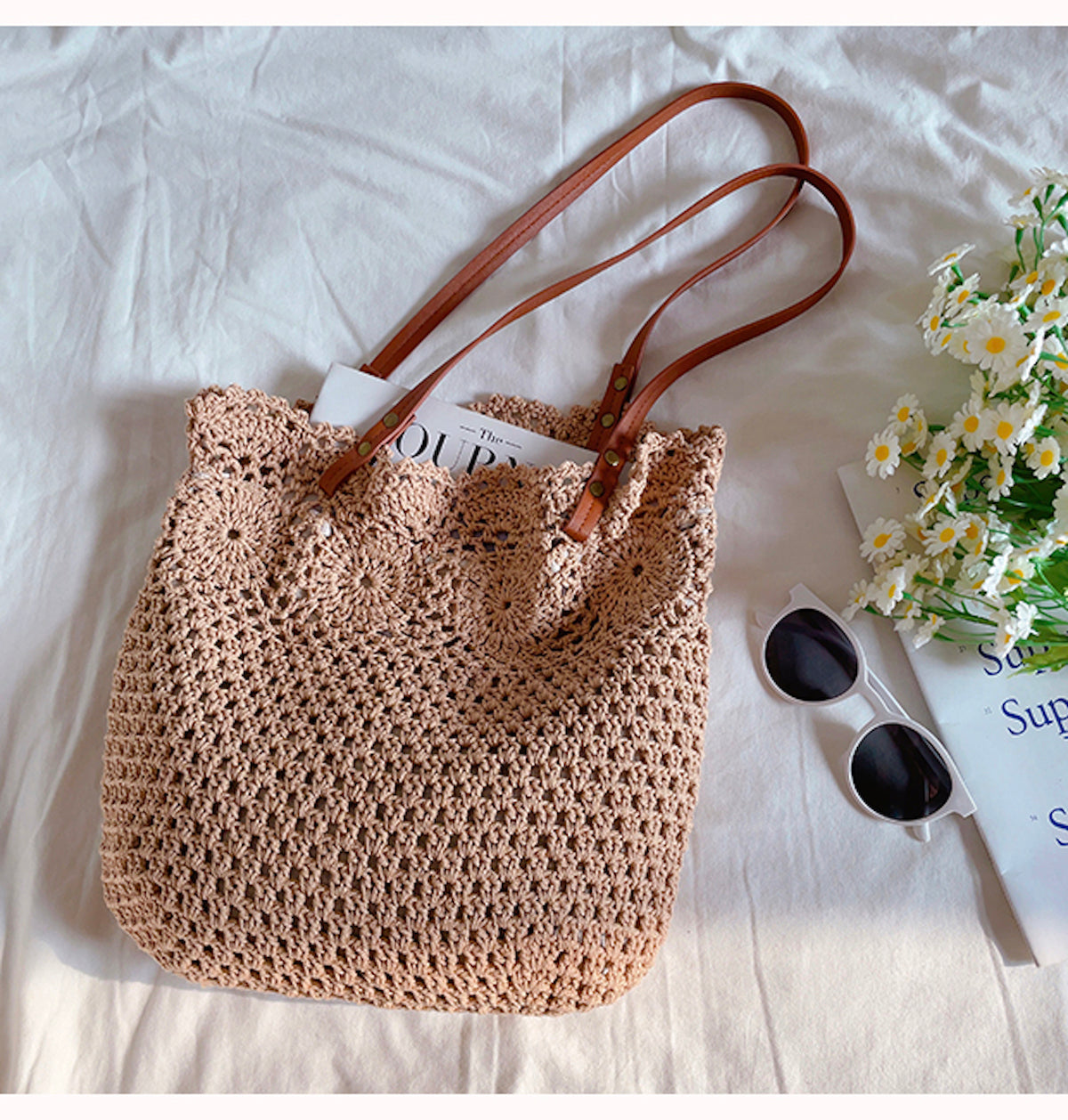 Flower Design Knitted Spacious Shoulder Bag