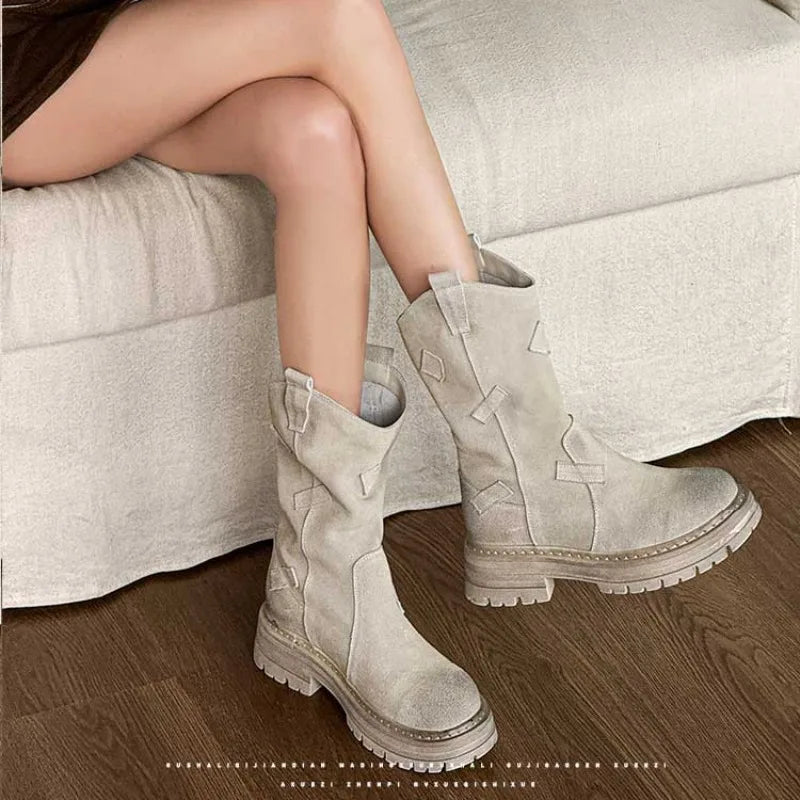 Women's Mid Length Suede Block Heel Boots