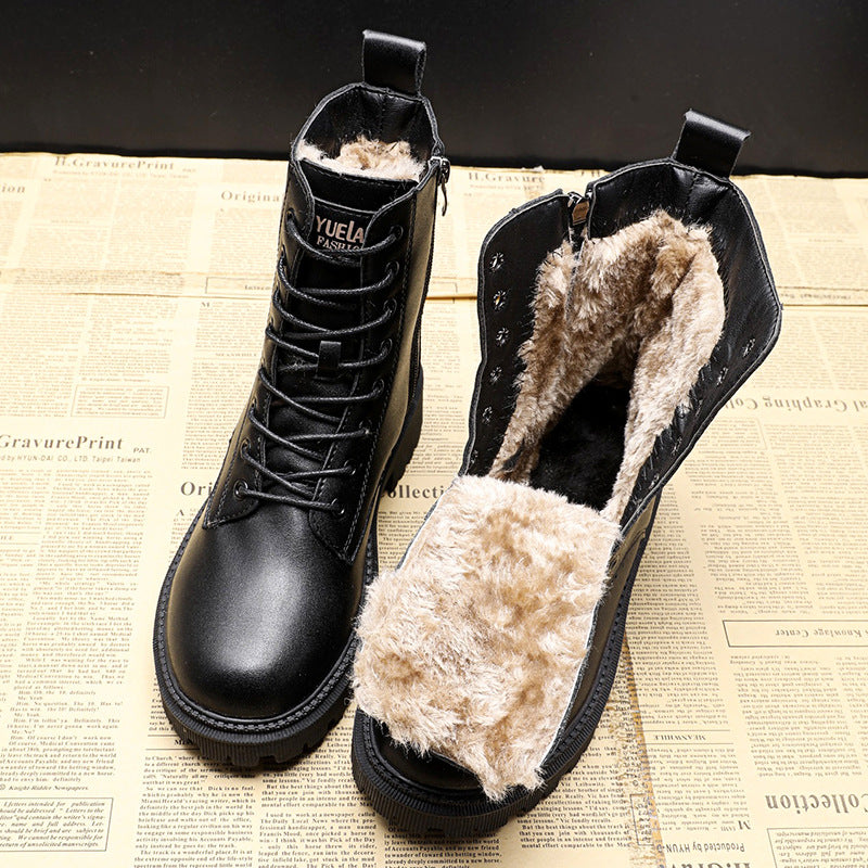 Women's Black Leather Plush Lining Boots