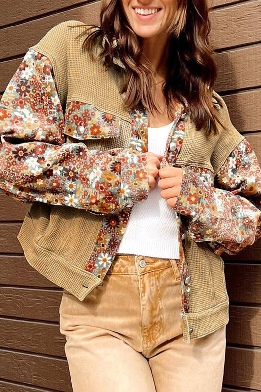 Women's Khaki Waffle Knit Patchwork Jacket