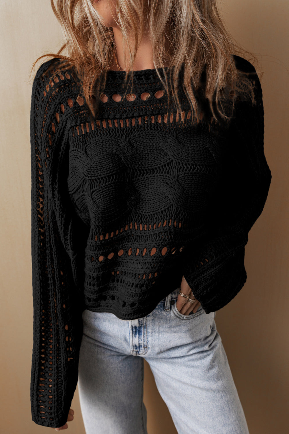 Bold Black Hollow Out Cable Knit Sweater